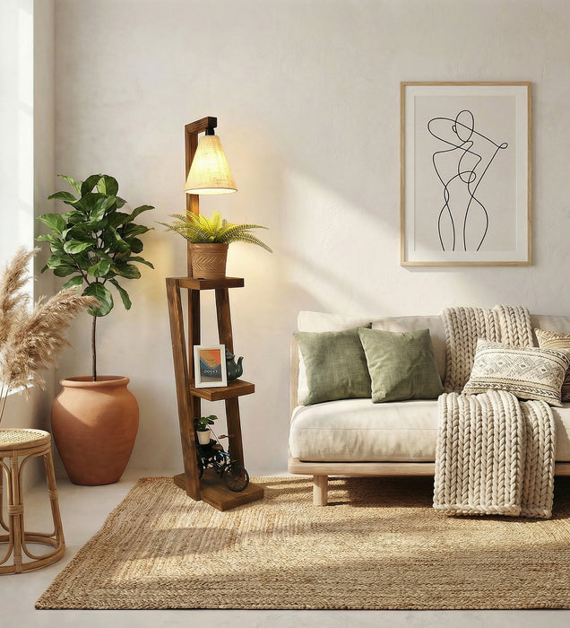 Julia Wooden Floor Lamp with Brown Base and Jute Fabric Lampshade