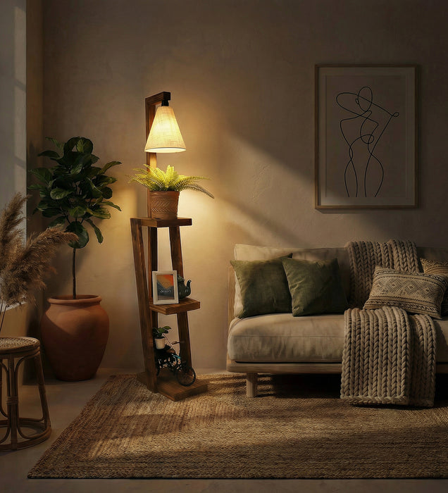 Julia Wooden Floor Lamp with Brown Base and Jute Fabric Lampshade