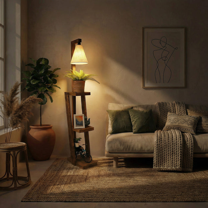 Julia Wooden Shelf Floor Lamp with Jute Lampshade
