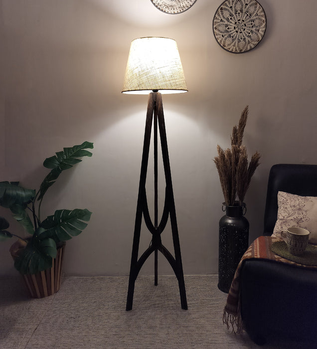 Julius Wooden Floor Lamp with Brown Base and Jute Fabric Lampshade