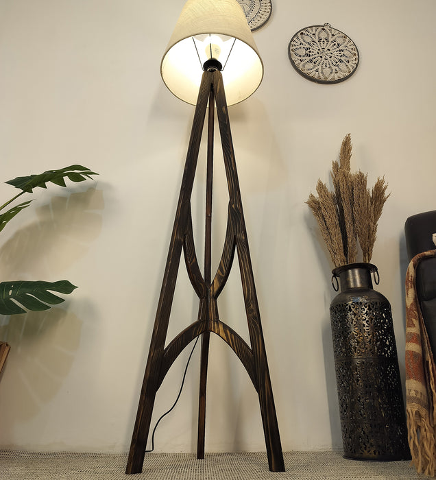 Julius Wooden Floor Lamp with Brown Base and Jute Fabric Lampshade