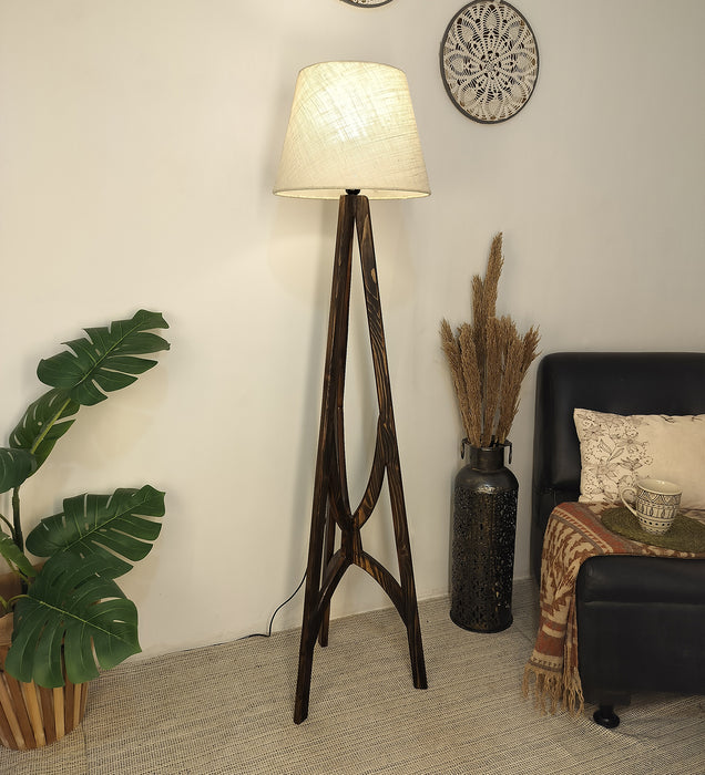 Julius Wooden Floor Lamp with Brown Base and Jute Fabric Lampshade