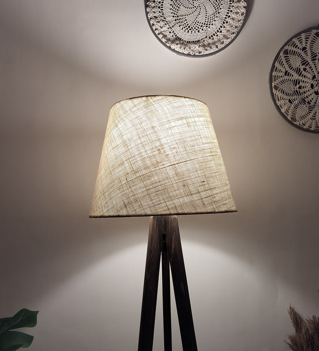 Julius Wooden Floor Lamp with Brown Base and Jute Fabric Lampshade