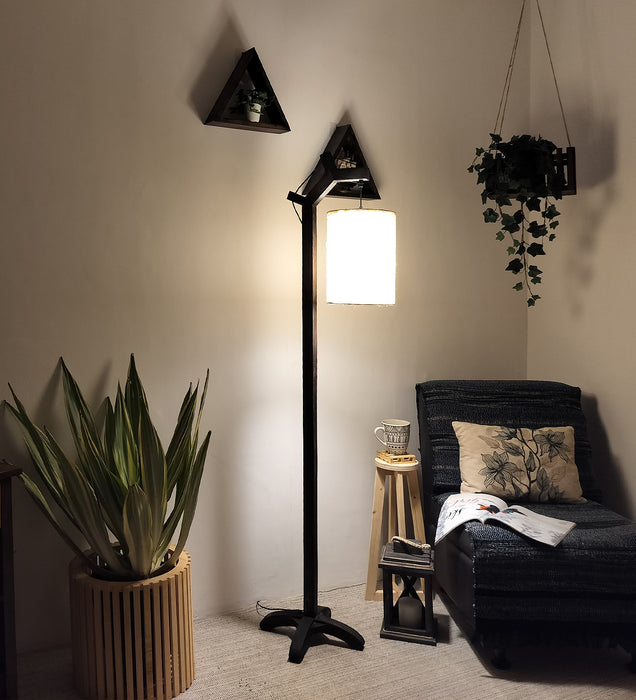 Leo Wooden Floor Lamp with Brown Base and Jute Fabric Lampshade