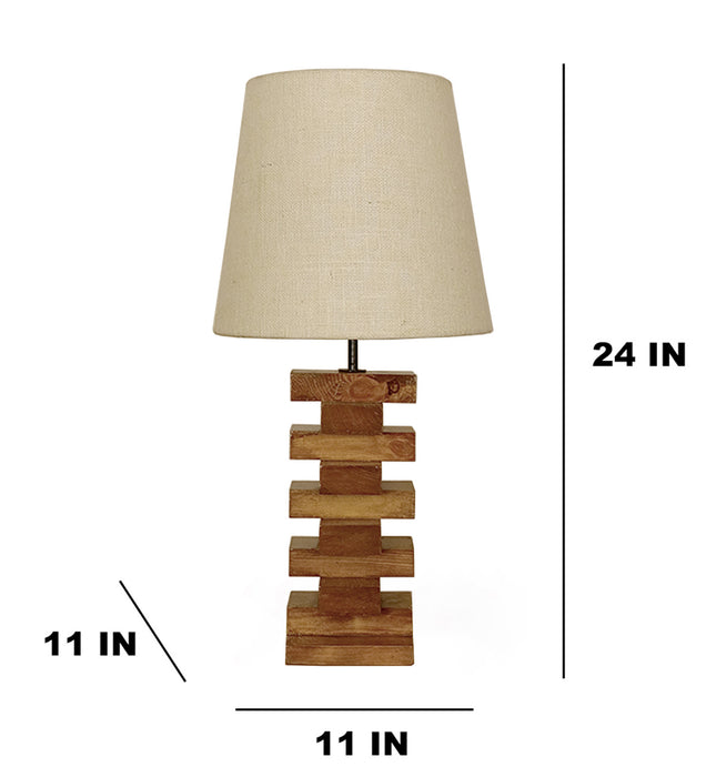 Libra Brown Wooden Table Lamp with White Fabric Lampshade