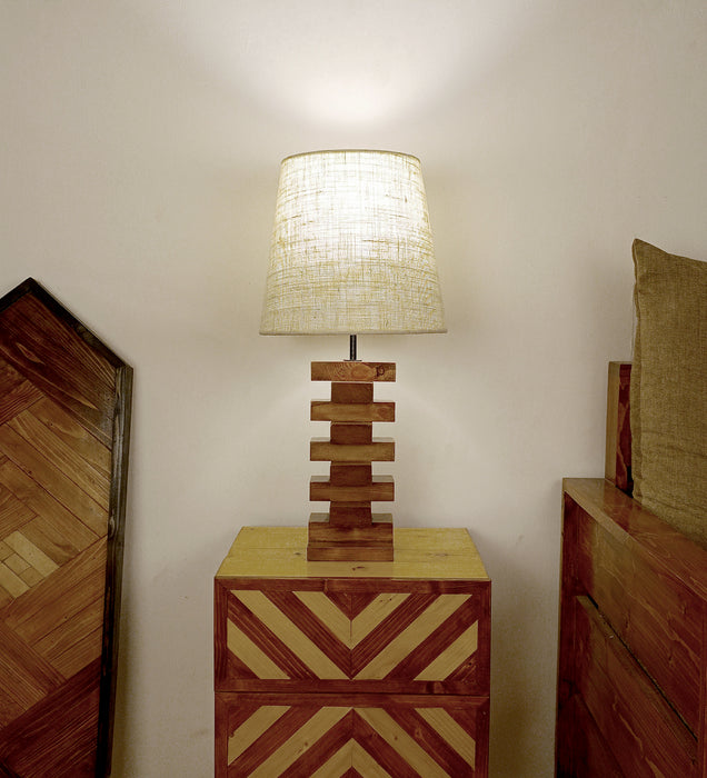 Libra Brown Wooden Table Lamp with White Fabric Lampshade