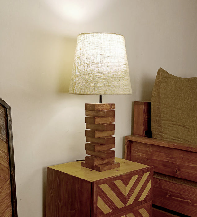 Libra Brown Wooden Table Lamp with White Fabric Lampshade