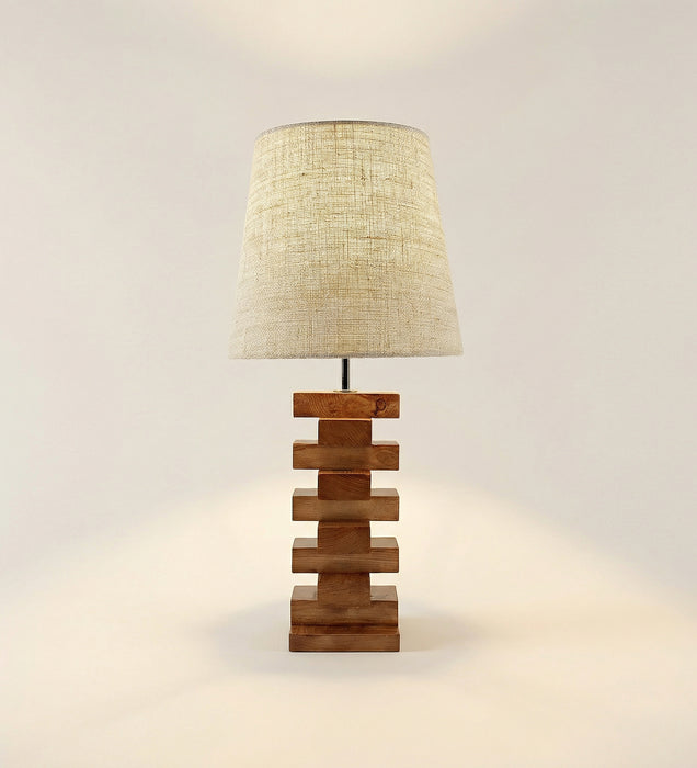 Libra Brown Wooden Table Lamp with White Fabric Lampshade