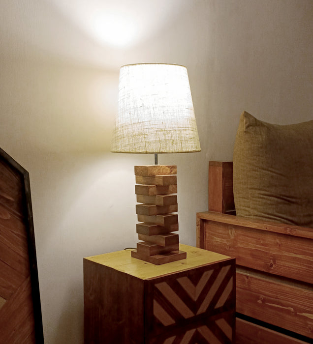 Libra Brown Wooden Table Lamp with White Fabric Lampshade