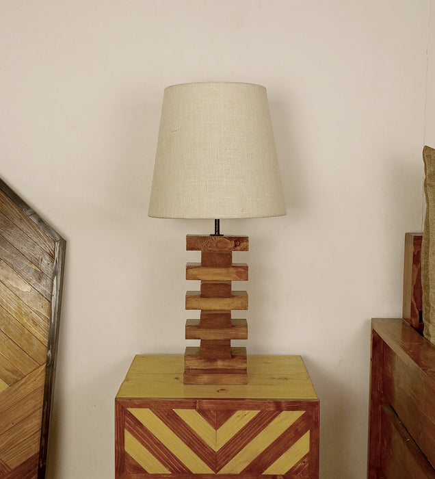 Libra Brown Wooden Table Lamp with White Fabric Lampshade