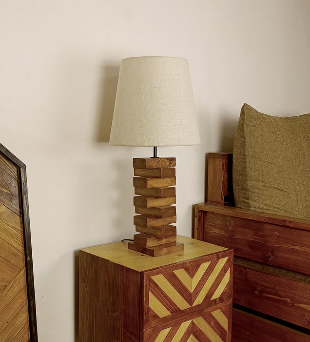 Libra Brown Wooden Table Lamp with White Fabric Lampshade