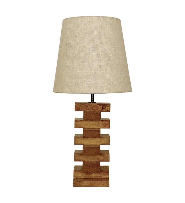 Libra Brown Wooden Table Lamp with White Fabric Lampshade