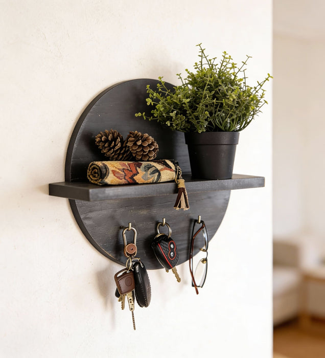 Lotus Wooden Wall Shelf Organiser with Key Holders