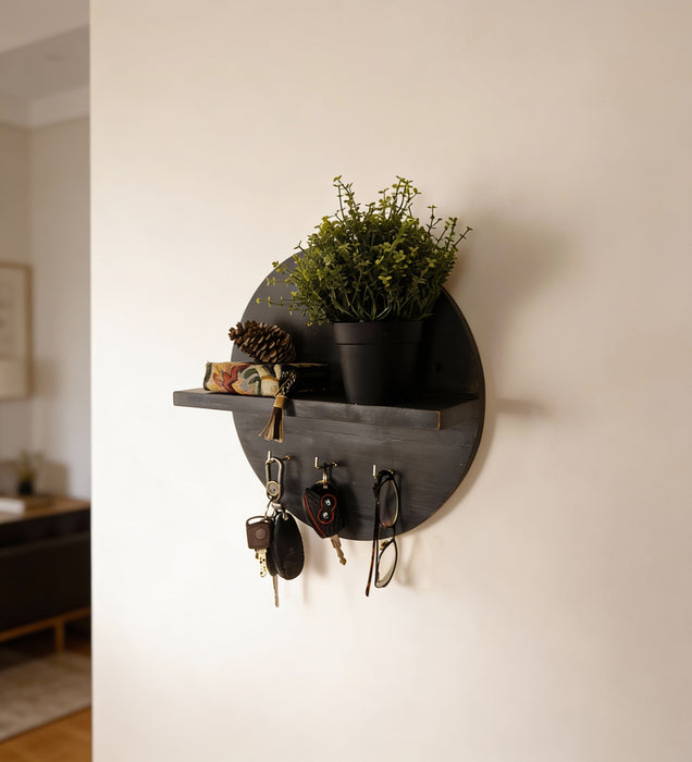 Lotus Wooden Wall Shelf Organiser with Key Holders