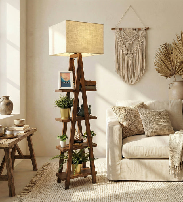 Louise Wooden Floor Lamp with Brown Base and Jute Fabric Lampshade