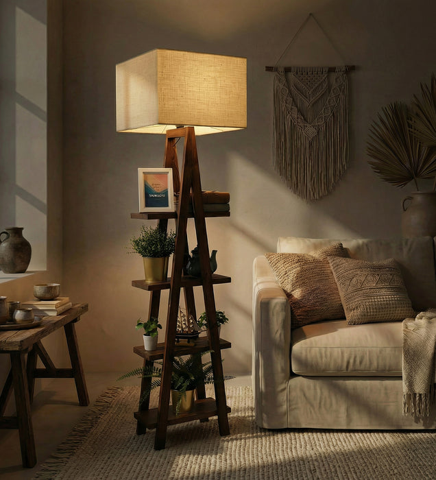 Louise Wooden Floor Lamp with Brown Base and Jute Fabric Lampshade