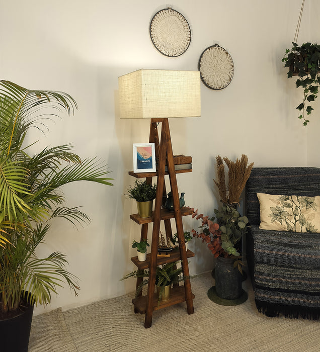 Louise Wooden Floor Lamp with Brown Base and Jute Fabric Lampshade