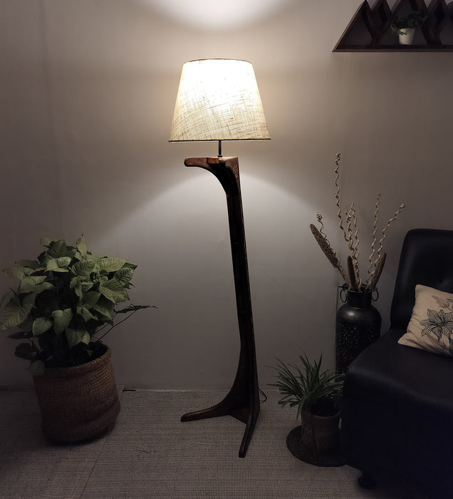 Lucas Wooden Floor Lamp with Brown Base and Jute Fabric Lampshade