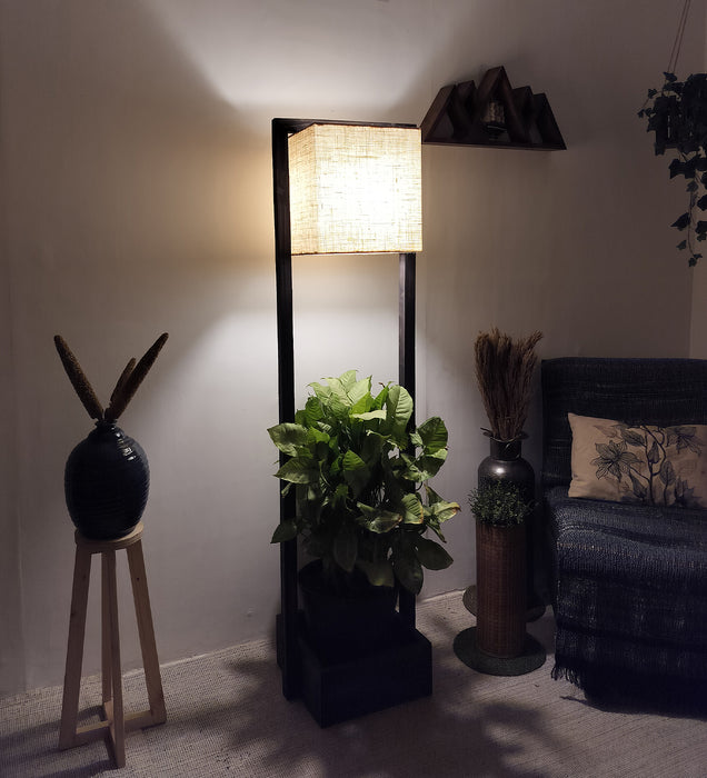 Lyon Wooden Floor Lamp with Brown Base and Beige Fabric Lampshade