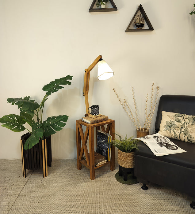 Maurice Wooden Floor Lamp with Brown Base and Jute Fabric Lampshade