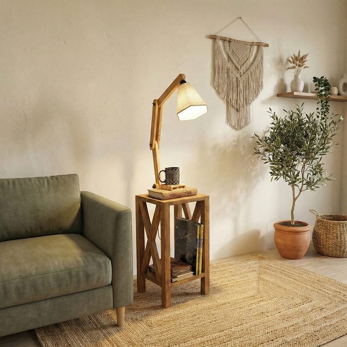 Maurice Wooden Floor Lamp with Brown Base and Jute Fabric Lampshade