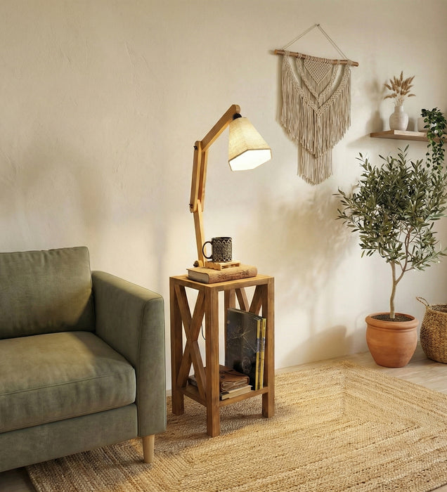 Maurice Wooden Floor Lamp with Brown Base and Jute Fabric Lampshade