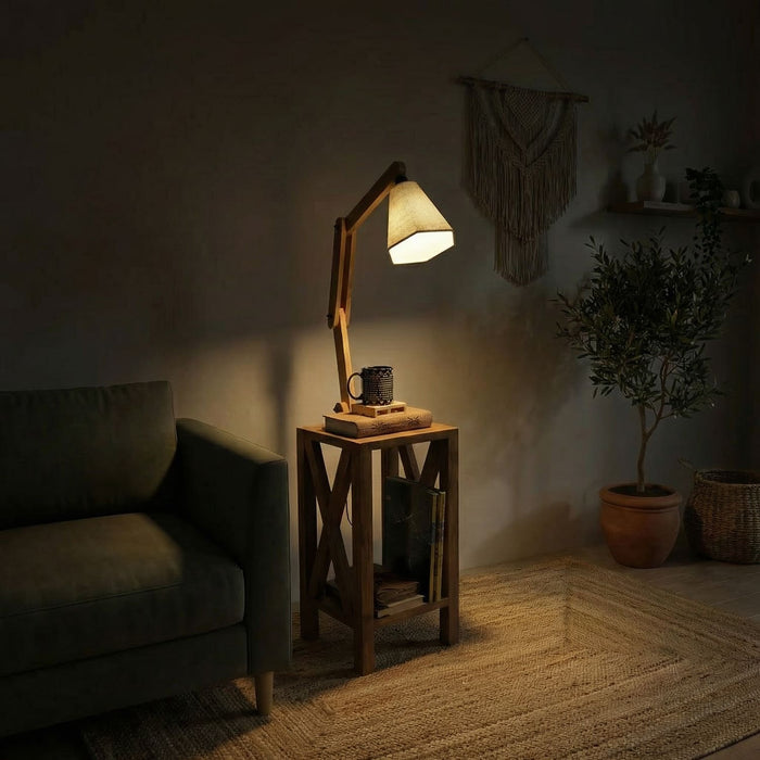 Maurice Wooden Floor Lamp with Brown Base and Jute Fabric Lampshade
