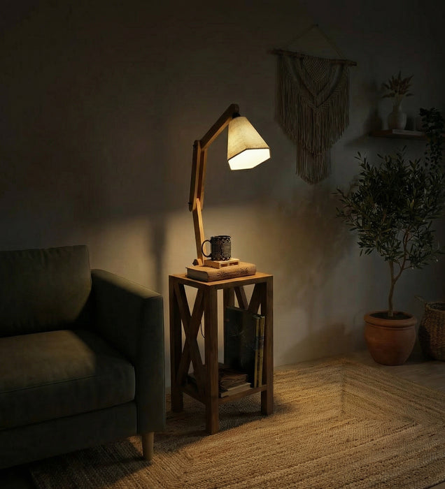 Maurice Wooden Floor Lamp with Brown Base and Jute Fabric Lampshade