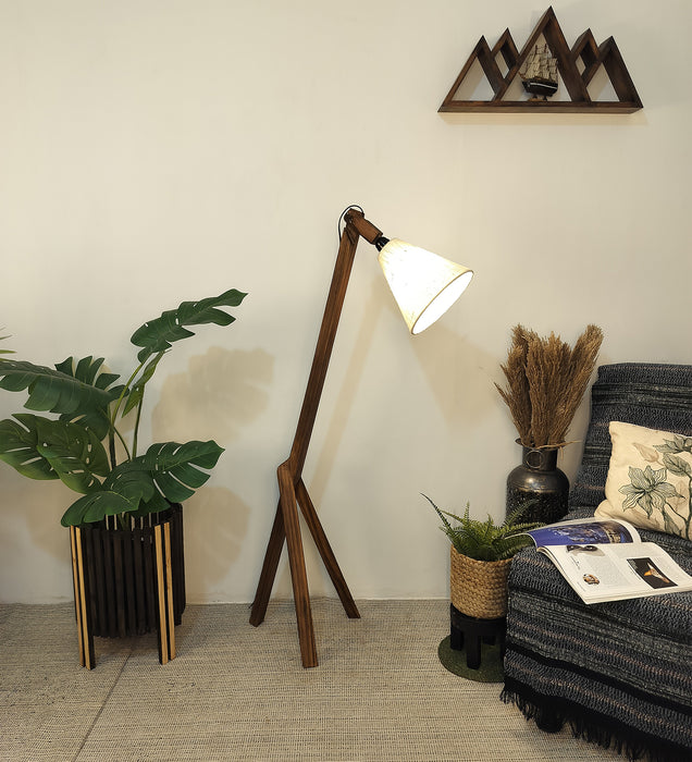 Melman Wooden Floor Lamp with Brown Base and Beige Fabric Lampshade