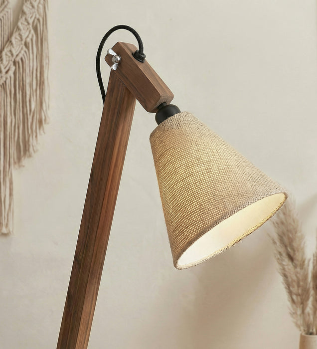 Melman Wooden Floor Lamp with Brown Base and Beige Fabric Lampshade