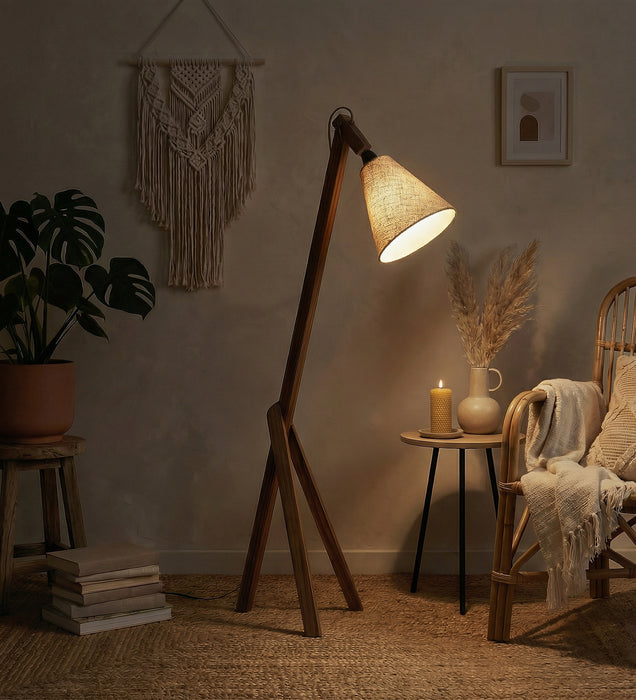 Melman Wooden Floor Lamp with Brown Base and Beige Fabric Lampshade