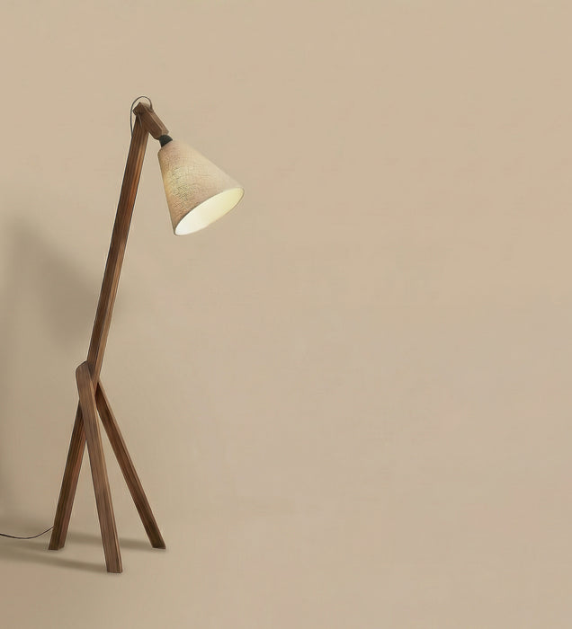 Melman Wooden Floor Lamp with Brown Base and Beige Fabric Lampshade