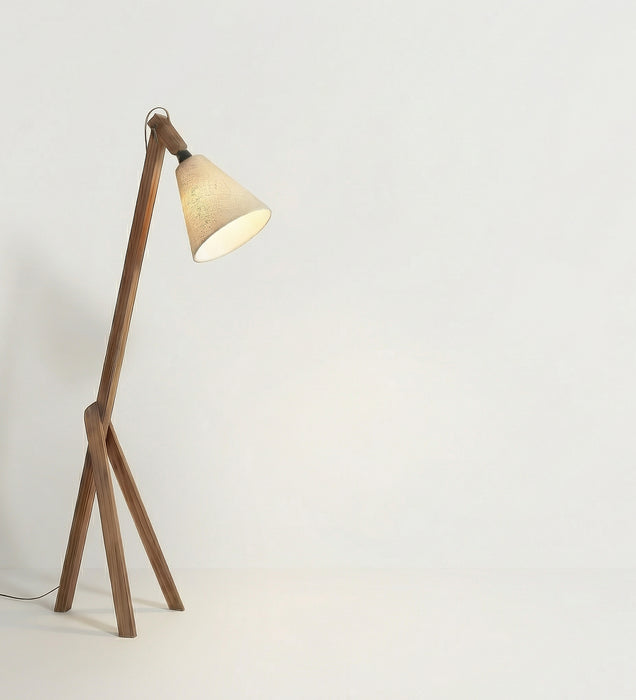 Melman Wooden Floor Lamp with Brown Base and Beige Fabric Lampshade