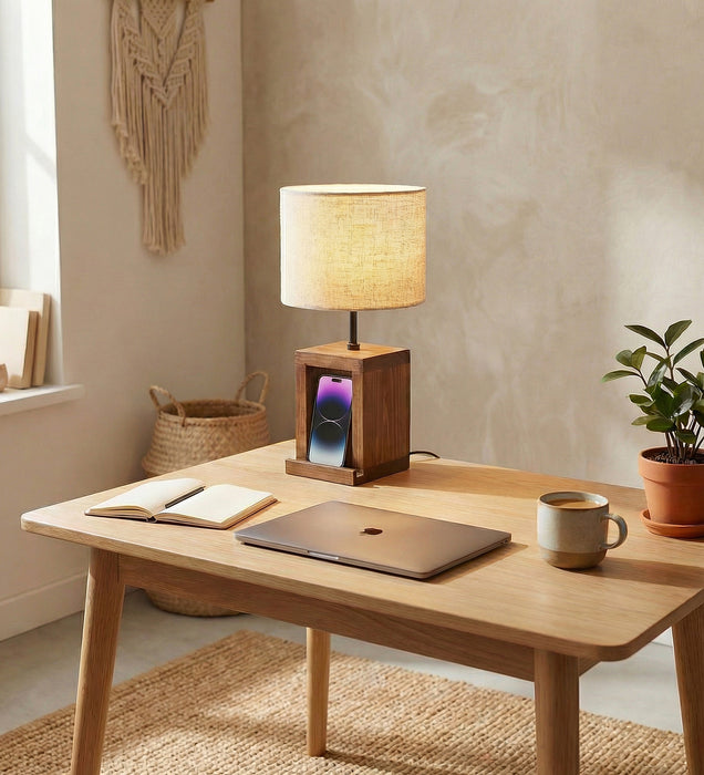 Moby Brown Wooden Table Lamp with Fabric Lampshade