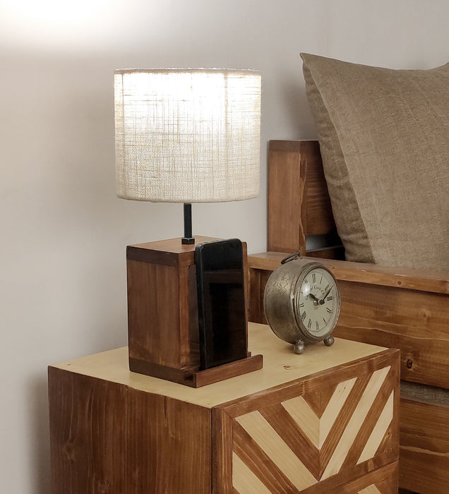 Moby Brown Wooden Table Lamp with Yellow Printed Fabric Lampshade