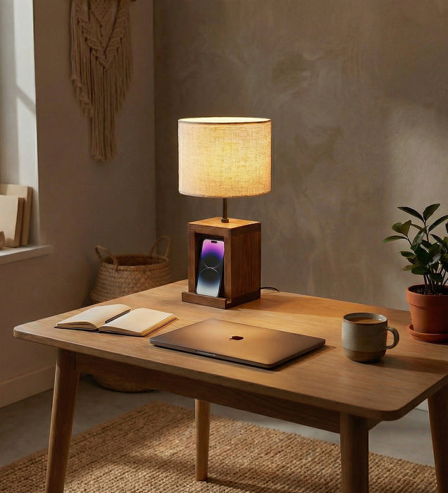 Moby Brown Wooden Table Lamp with Fabric Lampshade