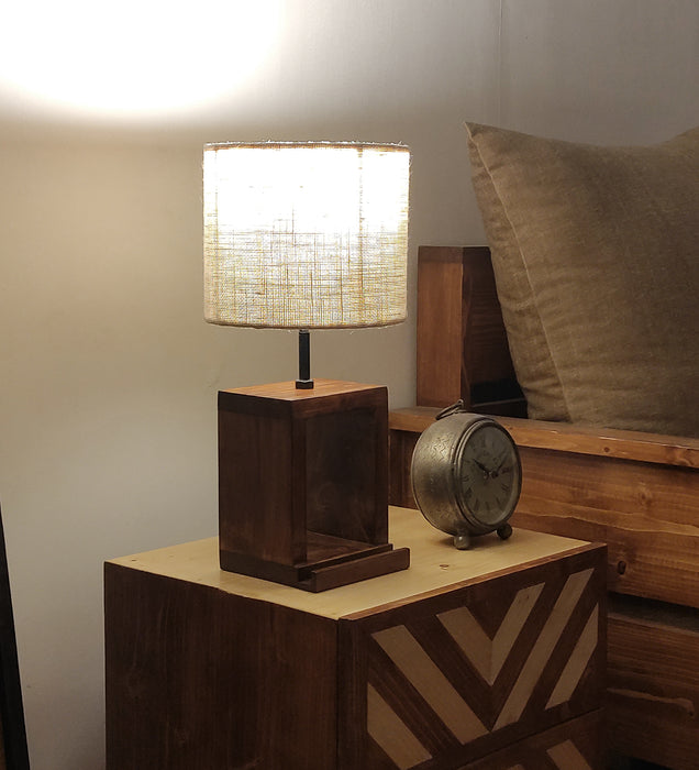 Moby Brown Wooden Table Lamp with Yellow Printed Fabric Lampshade