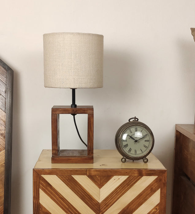 Moby Brown Wooden Table Lamp with Yellow Printed Fabric Lampshade