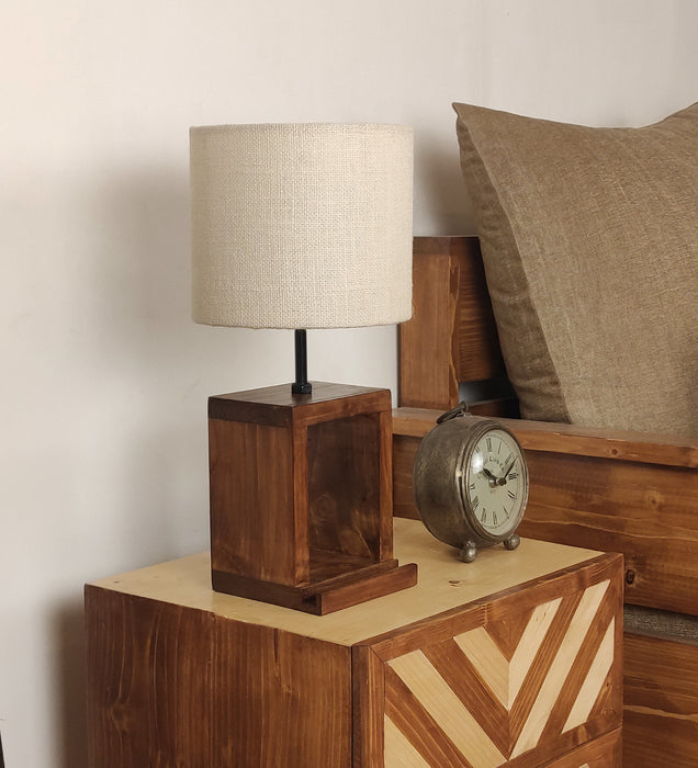 Moby Brown Wooden Table Lamp with Yellow Printed Fabric Lampshade