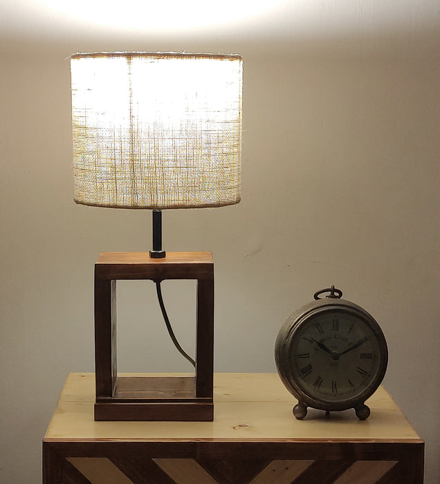 Moby Brown Wooden Table Lamp with Yellow Printed Fabric Lampshade