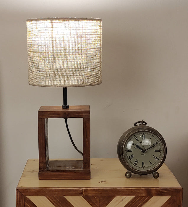 Moby Brown Wooden Table Lamp with Yellow Printed Fabric Lampshade