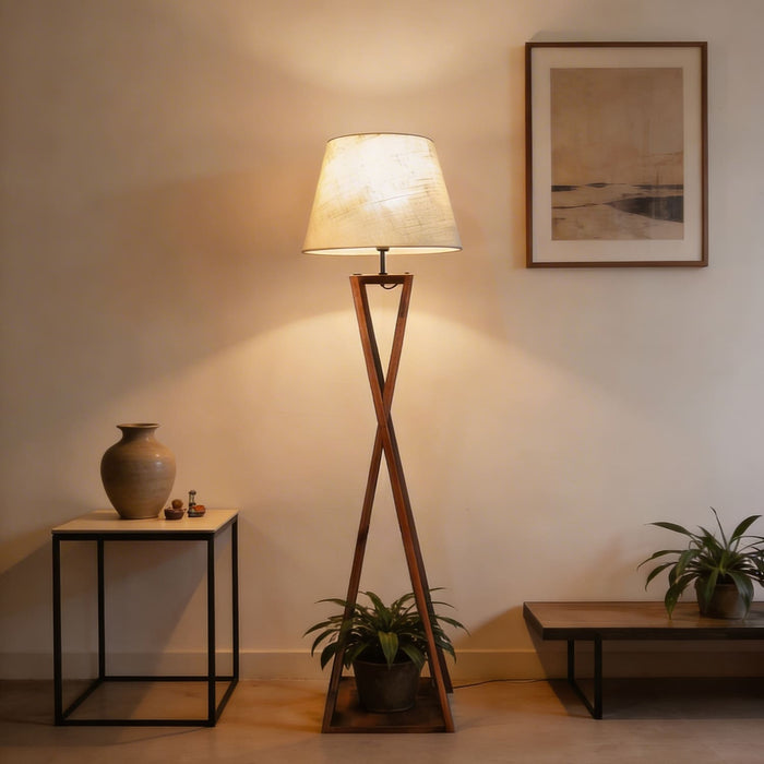 Monica Wooden Floor Lamp With Brown Base and Beige Fabric Lampshade