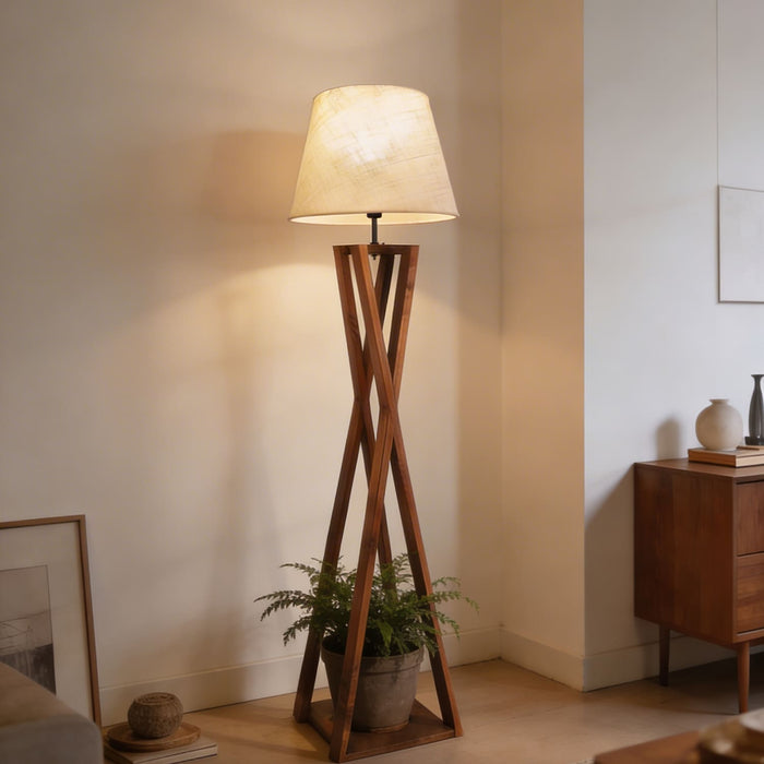 Monica Wooden Floor Lamp With Brown Base and Beige Fabric Lampshade