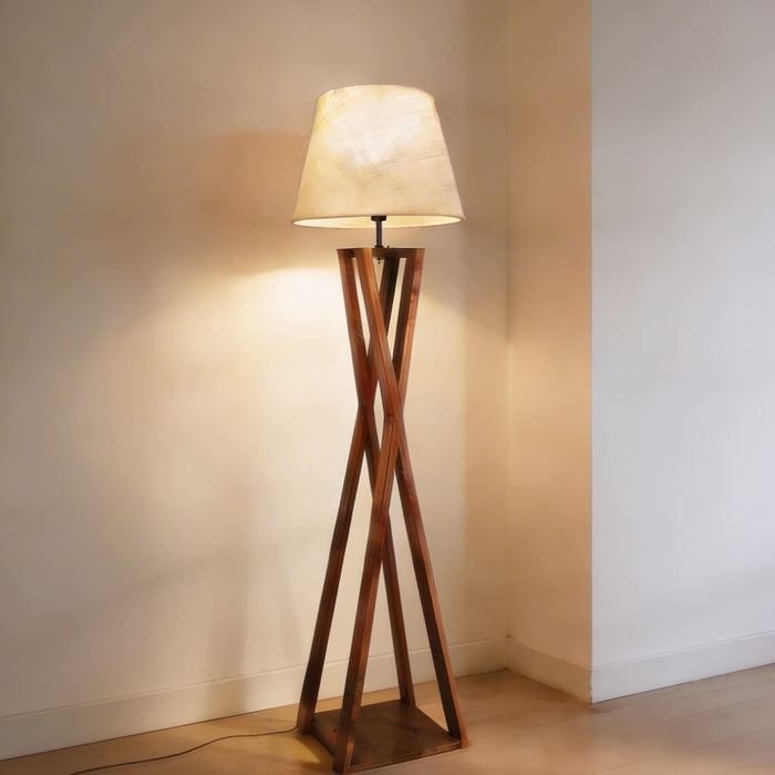 Monica Wooden Floor Lamp With Brown Base and Beige Fabric Lampshade