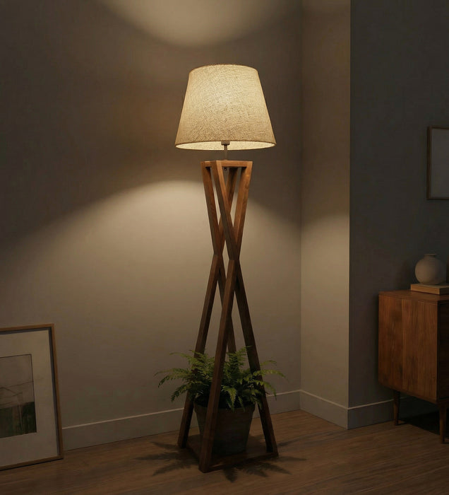 Monica Wooden Floor Lamp With Brown Base and Beige Fabric Lampshade