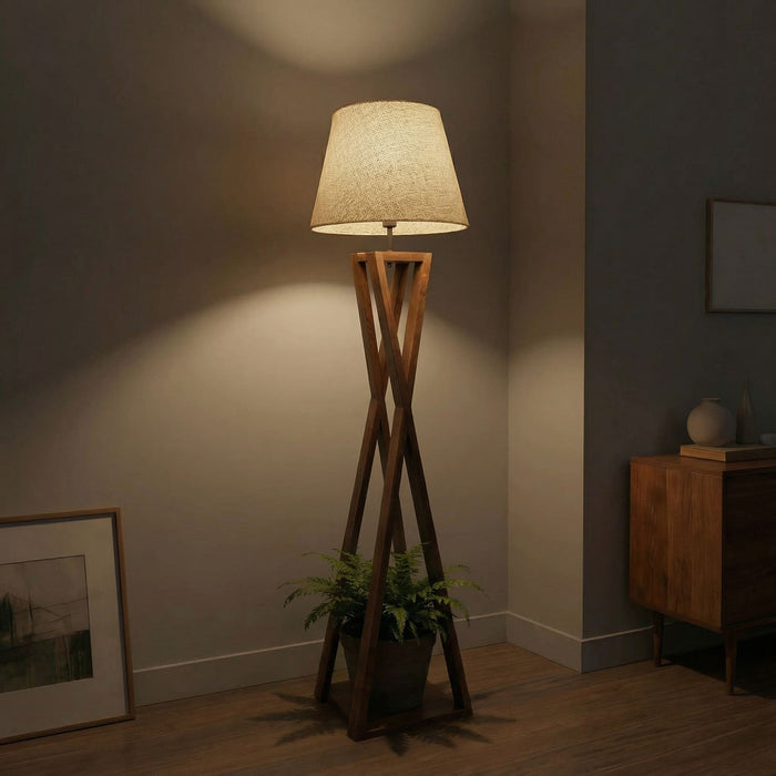 Monica Wooden Floor Lamp With Brown Base and Beige Fabric Lampshade