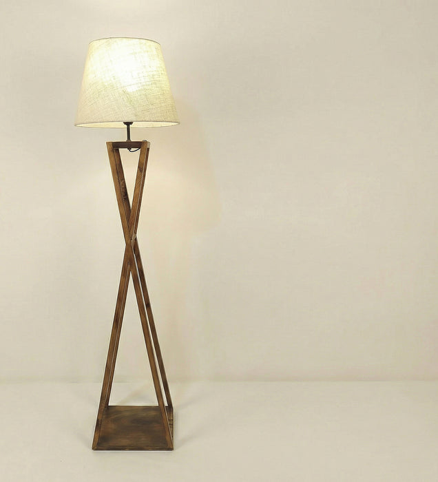 Monica Wooden Floor Lamp With Brown Base and Beige Fabric Lampshade