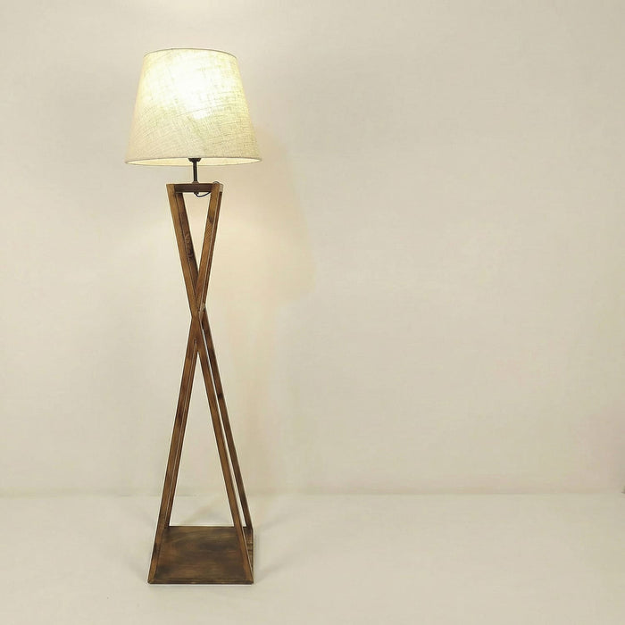 Monica Wooden Floor Lamp With Brown Base and Beige Fabric Lampshade