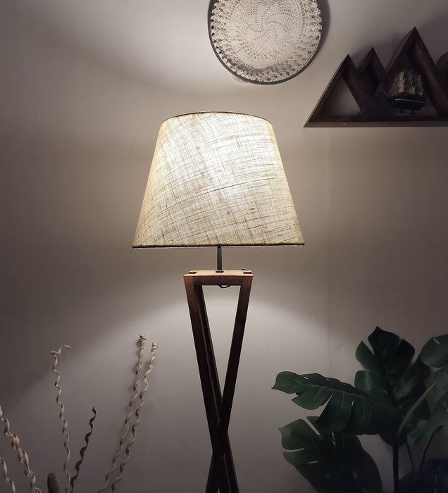 Monica Wooden Floor Lamp With Brown Base and Beige Fabric Lampshade