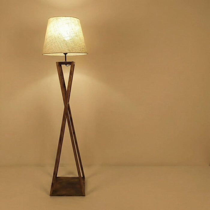 Monica Wooden Floor Lamp With Brown Base and Beige Fabric Lampshade